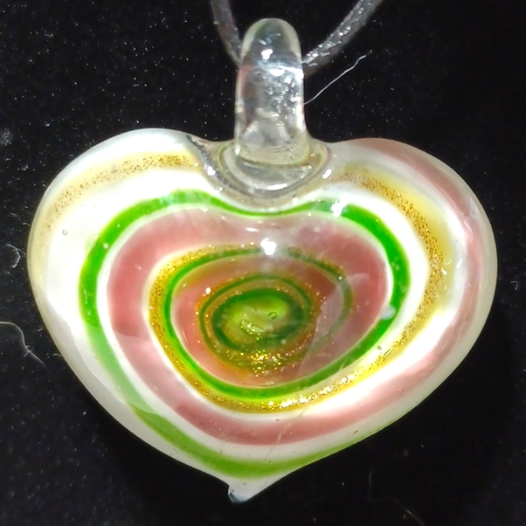 Glass heart handmade hand-blown murano lampwork pendant white gold green purple - Picture 5 of 5